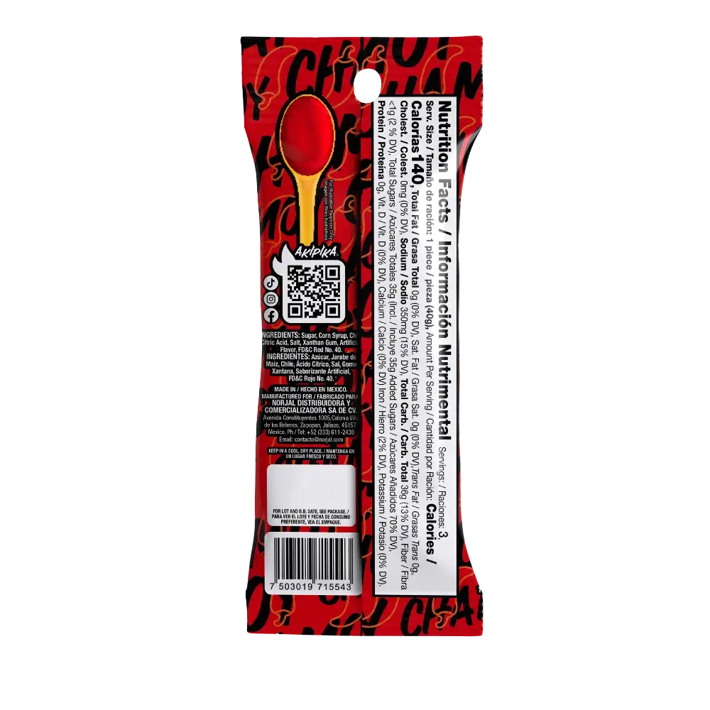 Back view of Akipika Chamoy packaging with export data.
