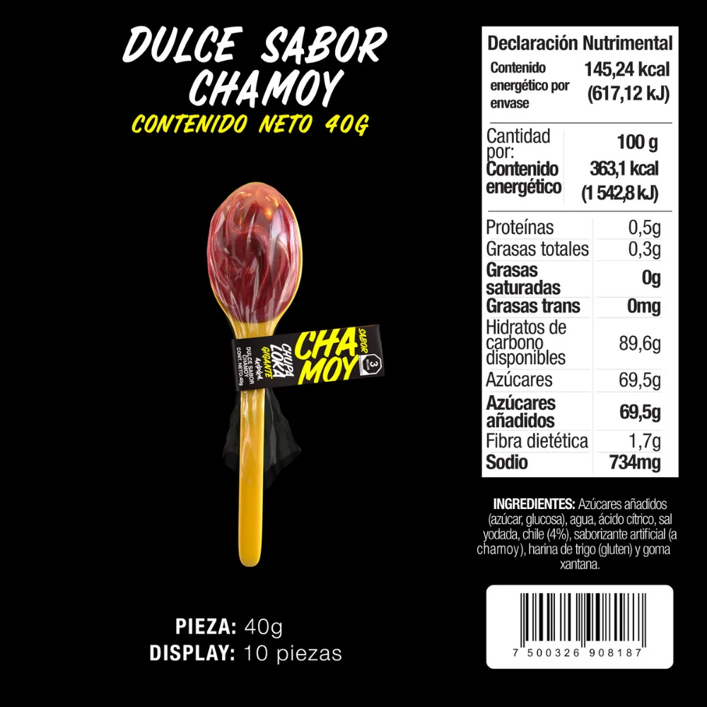 Tabla nutrimental de la cucharota Chupaloka sabor Chamoy original.