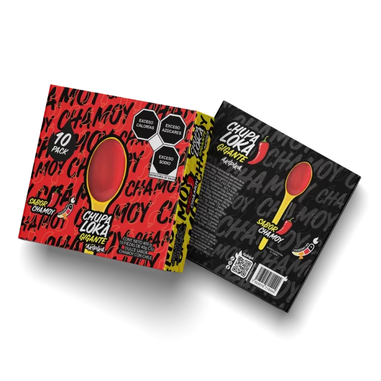 Display Chupaloka Chamoy, caja con 10 piezas de 40g para venta.