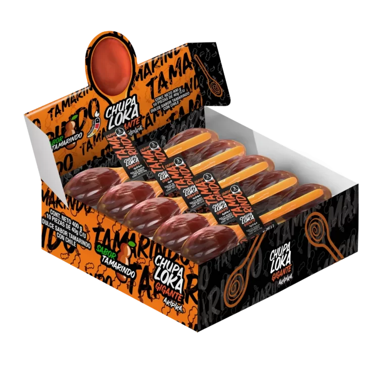 Display Chupaloka Tamarindo, caja exhibidora de 10 unidades de 40g.