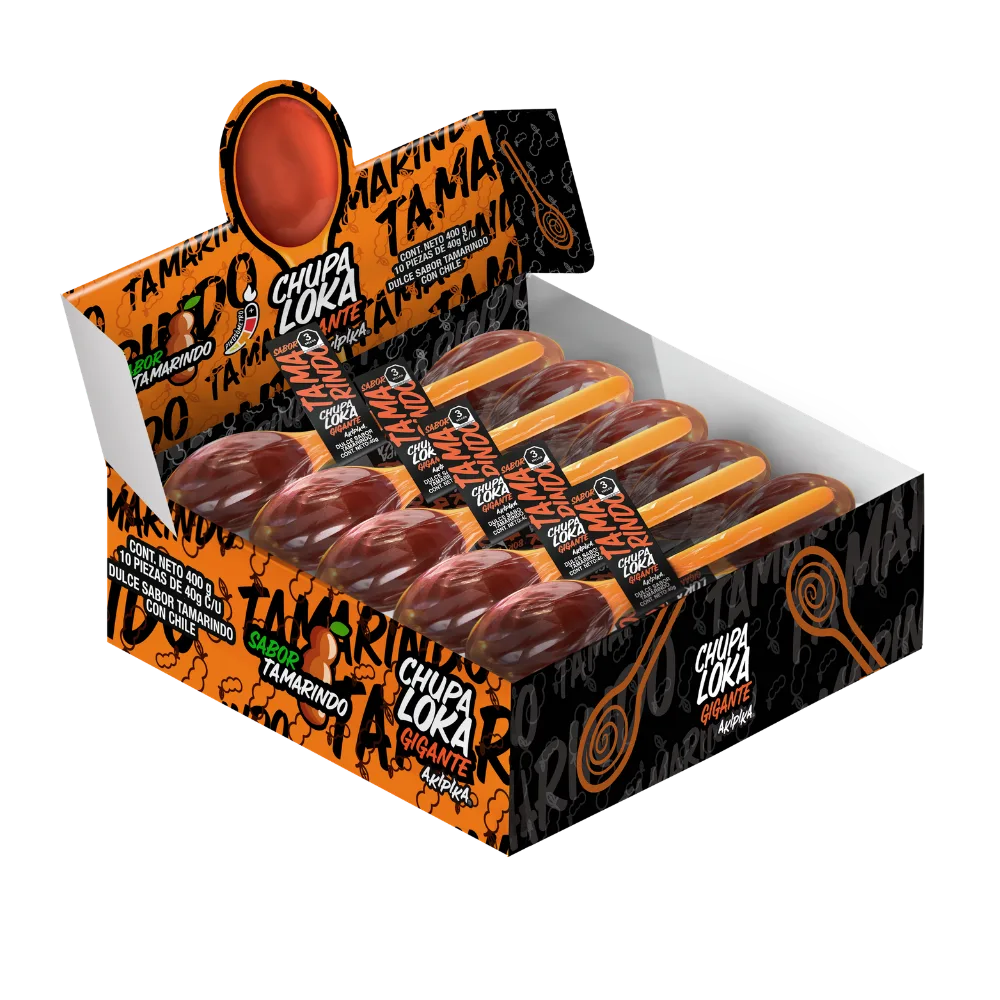 Display Chupaloka Tamarindo, caja exhibidora de 10 unidades de 40g.