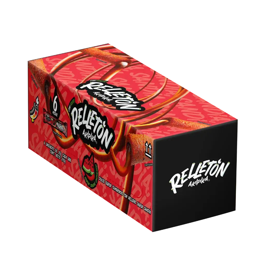 Caja exhibidora con 6 unidades de Relletón sabor sandía.
